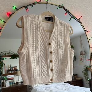 Vintage Fisherman Cable Knit White Cream Sweater Vest (Size: Small)